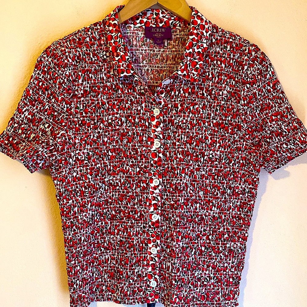 J Crew Smocked Button-up Shirt in Liberty Eliza's Red Fabric Large runs small - Picture 5 of 12